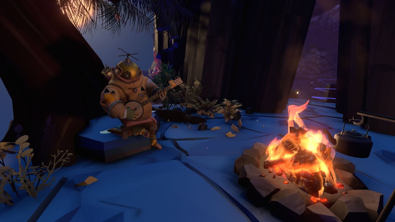 Un voyageur joue du banjo au coin du feu dans Outer Wilds