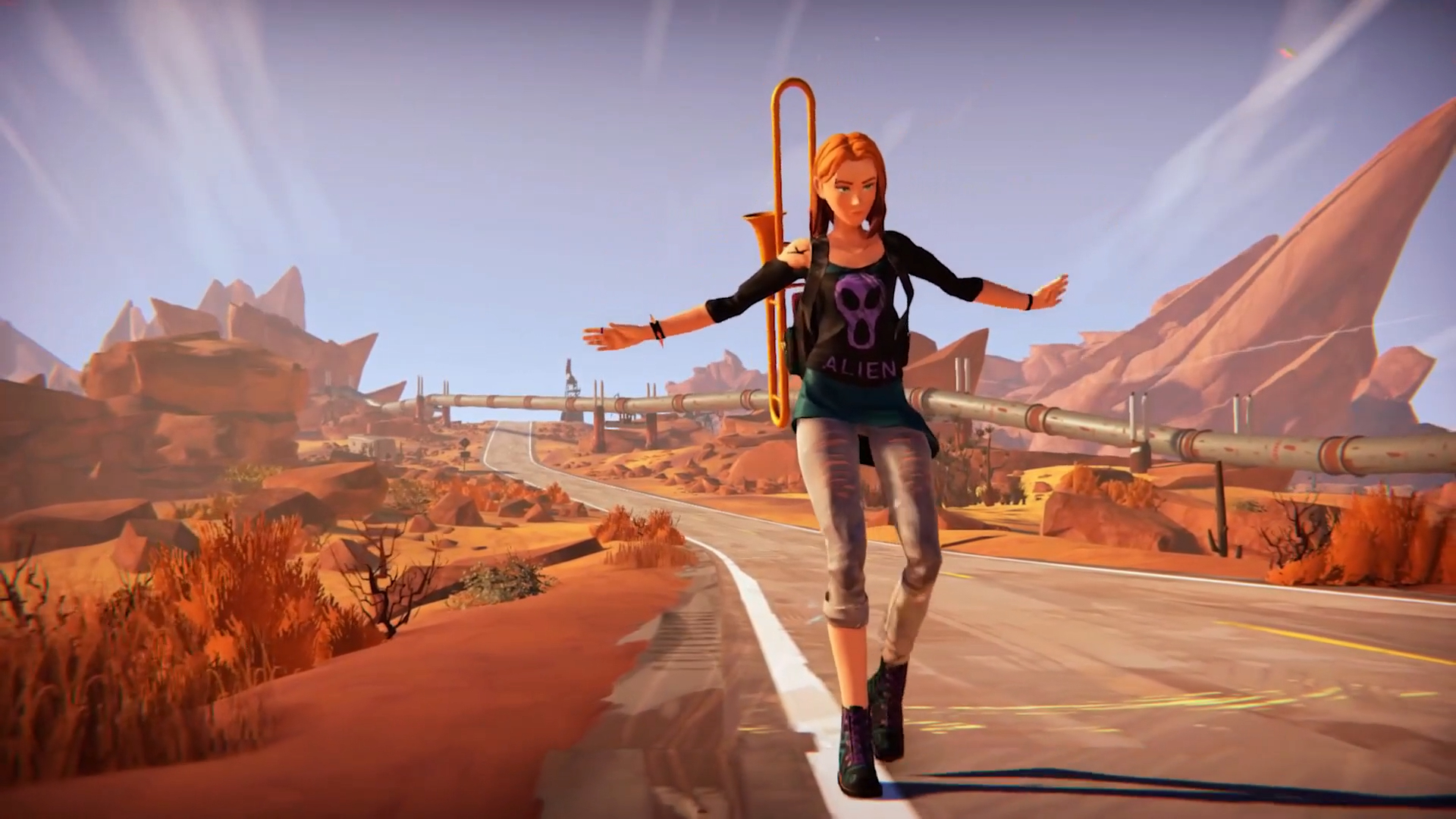 Zoe marche sur la route, un trombone sur le dos, dans Road 96